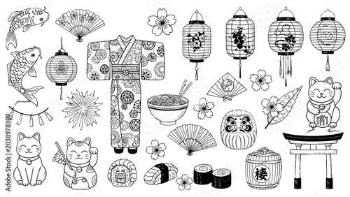 A comprehensive collection of hand-drawn Japanese cultural symbols and traditional elements in black and white line art style, showcasing various iconic items.