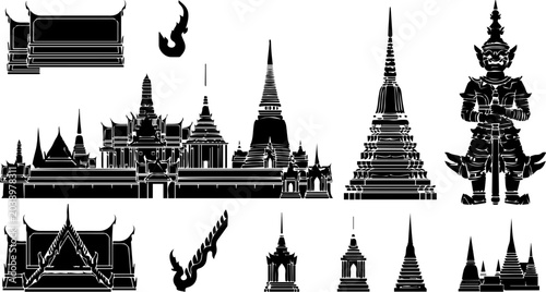 Thailand Temple Buddhist Landmark Black Silhouette Illustration Vector Architecture Travel