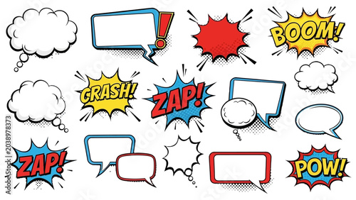 Photos A vibrant collection of comic book style speech bubbles and explosive sound effect bursts in various shapes and colors, perfect for graphic design