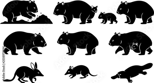 Bild auf Leinwand Bear Wildlife Animal Black Silhouette Set Forest Nature Vector Illustration Clip