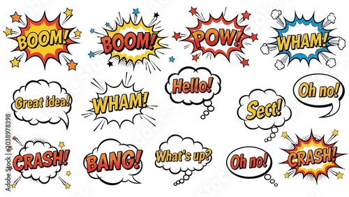фотографія A collection of retro comic book style speech bubbles and sound effect bursts, featuring exclamations like BOOM, POW, WHAM, and conversational phrases
