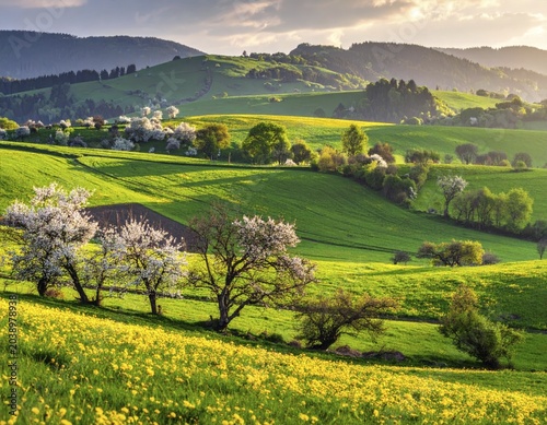 Spring blooming landscape, trees in the foreground, green hills covered with blooming flowers, clear blue sky at sunset, vacation and holiday concept, beauty of nature, AI generated
