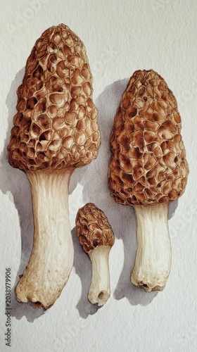 Three morel mushrooms displayed on neutral paper background