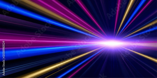 Fotografía Abstract digital art depicting luminous speed streaks in vibrant neon blue, magenta, and gold radiating from a bright central light source against a dark background