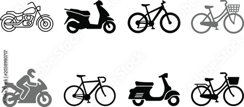 Foto Two wheeled vehicle icon set featuring motorcycle cruiser scooter moped mountain bike and city bicycle silhouettes vector