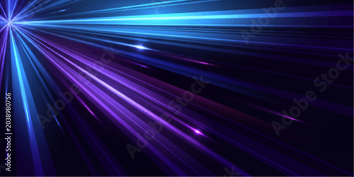 Fotografie Abstract light streaks in shades of electric blue and vibrant purple explode from a single point, creating a dynamic and energetic visual spectacle