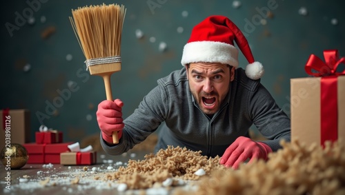 Male figure wearing Santa hat and gloves angrily holds broom while kneeling on floor covered with packing material, Christmas gifts and decorations in the background