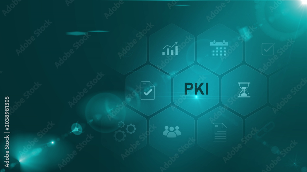 Obraz premium PKI Public Key Infrastructure Global Network Concept. Neon line Animated circuit board. optical lager light background