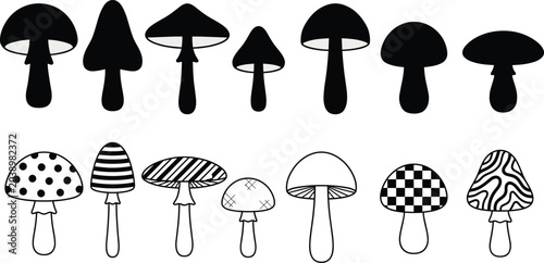 Obraz na płótnie A professional minimalist black vector icon set featuring diverse mushroom silhouettes and linear graphic illustrations in image_c95475
