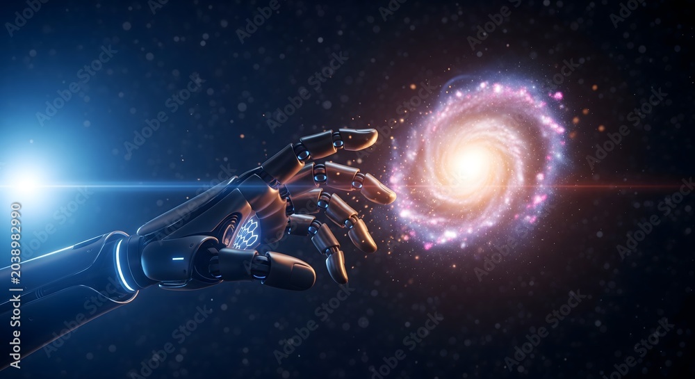 Naklejka premium Robotic hand reaching towards a glowing spiral galaxy in the dark expanse of outer space.