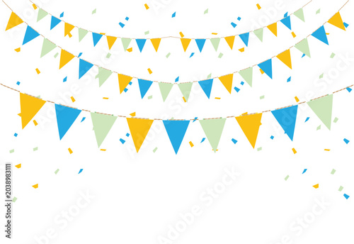 Colorful triangular bunting flags on blue sky festive celebration background