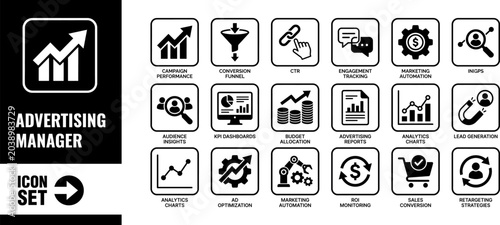 Advertising manager icon set collection of marketing and digital analytics symbols including campaign performance, conversion funnel, lead generation, and roi monitoring