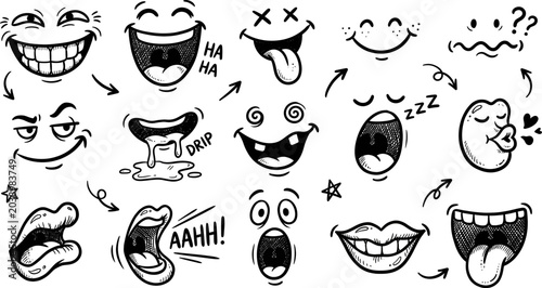Set of handdrawn cartoon mouths and expressions, funny comic style facial features isolated on white background