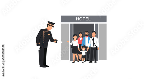 Billede på lærred Hotel doorman welcoming family entering building, hospitality service concept