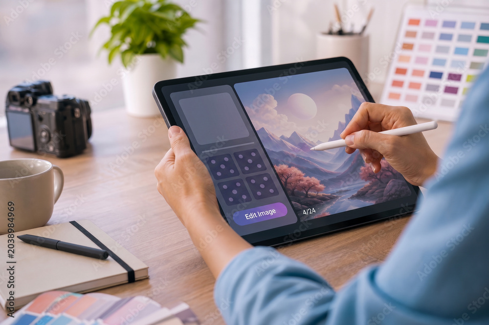 Fototapeta premium Digital Artist Editing Landscape Illustration on Tablet with Stylus