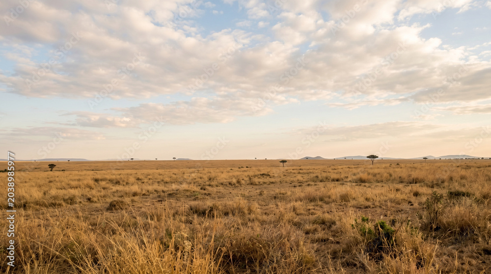 Fototapeta premium Minimalist Savannah Horizon Landscape with Acacia Trees and Clouds at Golden Hour