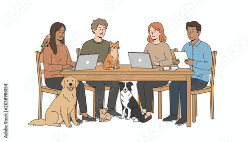 Diverse people working on laptops with pets at home, remote work concept, teamwork background