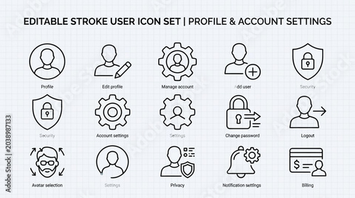 Editable Stroke User Icon Set Profile and Account Settings Collection.