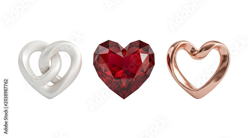 Three heart jewelry elements in silver, red ruby gemstone and rose gold isolated on transparent background