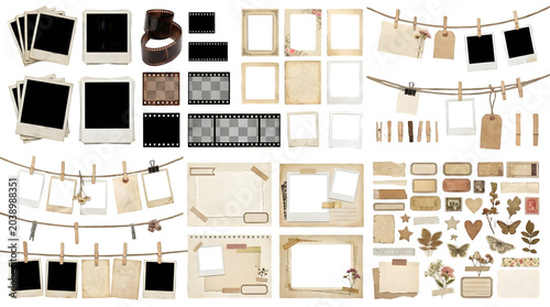Vintage scrapbook elements collection, retro photo frames and paper tags, antique memory set