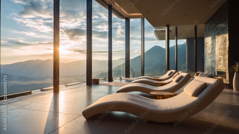 Fototapeta premium Luxury spa relaxation room with sun loungers overlooking mountain valley sunset
