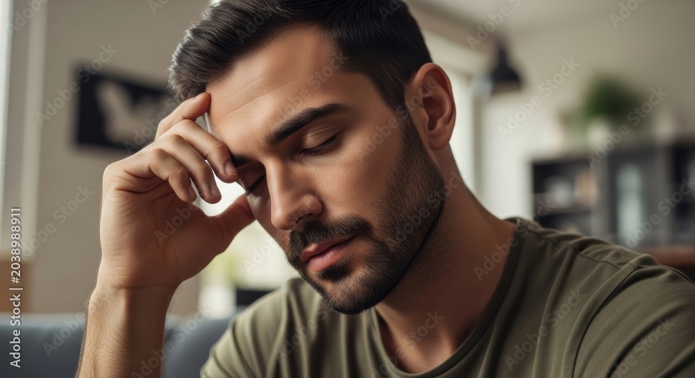 Obraz premium Close Up of Concerned Bearded Man Looking Down Holding Head in deep Mental Stress