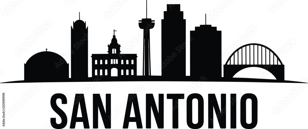 Fototapeta premium San antonio skyline silhouette with iconic buildings and a bridge in a simplistic graphic style, black and city and travel destination in outline styl