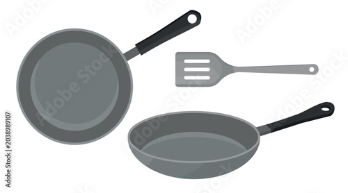 Vector Illustration of Two Frying Pans Shown From Different Angles and a Spatula. Simple Flat Design, Perfect for Kitchen, Cooking, and Food-Related Projects.