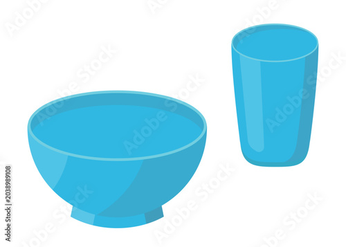 Illustration of Empty Blue Bowl and Cup, Front or Side View. Simple, Clean and Efficient Vector Illustrations.