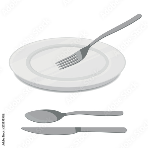 Illustration of White Plate Front or Side View With Steel Cutlery Blue Handle. Spoon, Fork and Knife. Vector.