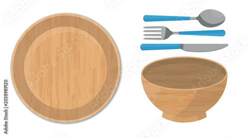Illustration of Wooden Plate and Bowl From Two Angles of View - Top and Side or Front. Steel Cutlery Blue Handle Included - Spoon, Fork and Knife.