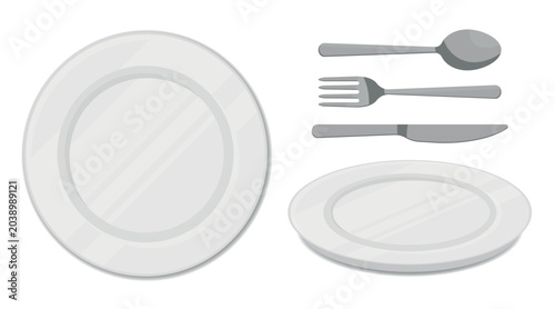 Illustration of White Plate From Two Angles of View - Top and Side or Front. Steel Cutlery Included - Spoon, Fork and Knife. Vector.