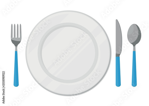 Illustration of White Plate Top View With Steel Cutlery Blue Handle. Spoon, Fork and Knife. Vector.