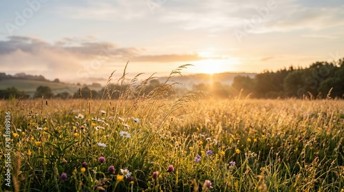 Golden Meadow Summer Background with Sunlit Grass at Sunrise 2
 