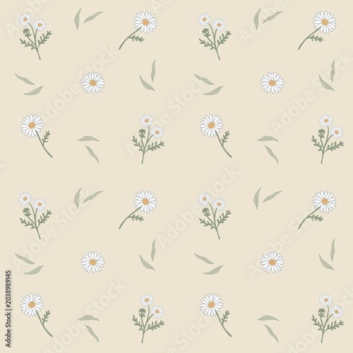 Seamless Chamomile Flower and Leaf Pattern Cream Background 