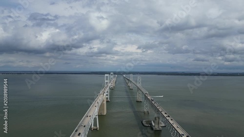 Aerial drone view of the Chesapeake Bay Bridge in Maryland