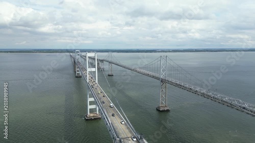 Drone perspective of the Chesapeake Bay Bridge spanning the waters of the Chesapeake Bay in Maryland