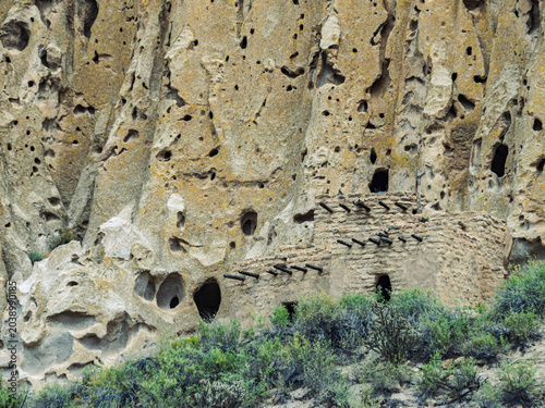 Fényképezés Bandelier, National Monument New Mexico - May 6, 2026: Numerous cave openings th