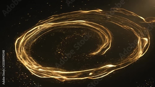 Golden energy ring with sparkling particles on dark background