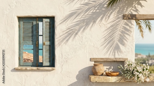 Mediterranean Summer Wall Background with Palm Shadows and Wooden Window 2

