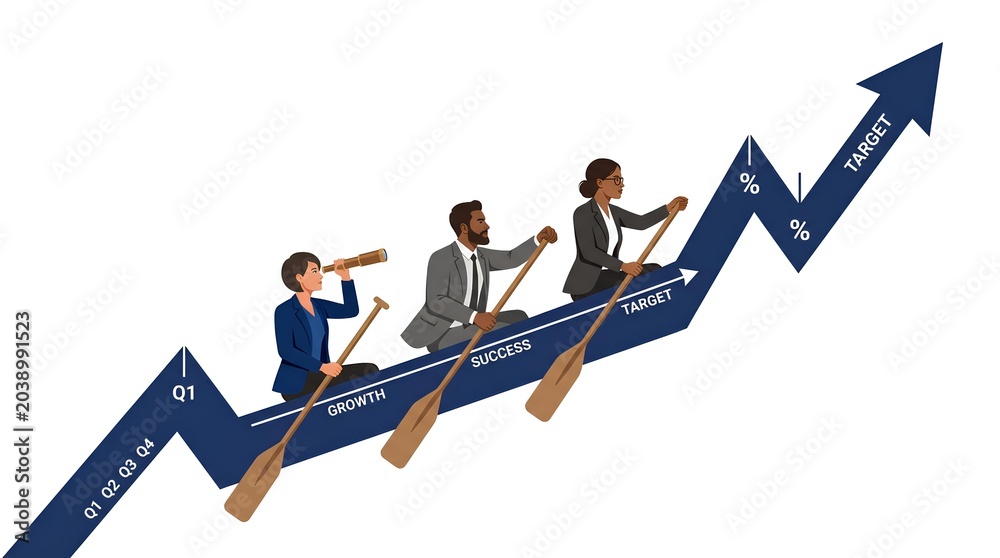 Fototapeta premium Business Team Rowing on Growth Arrow Chart for Financial Strategy Concept