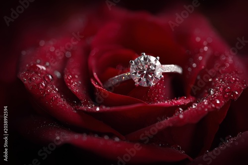 A photorealistic image of a sparkling diamond ring resting perfectly in the center of a fully bloomed red rose. The rich velvet crimson petals create a stunning contrast with the jewelry.