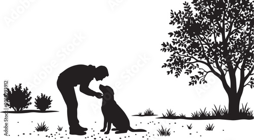 Silhouette of person affectionately interacting with loyal dog beneath tree, symbolizing companionship, trust, friendship, pet care and emotional connection
