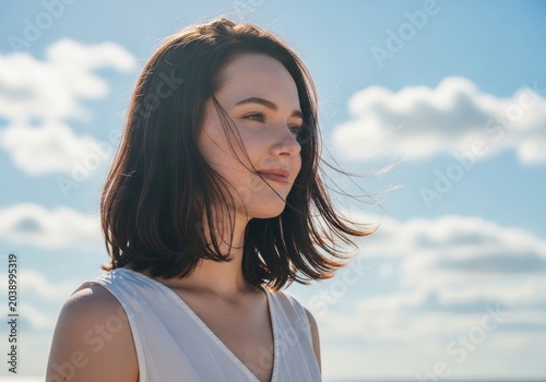 Young woman gazing skyward with clouds serene portrait for wellness and lifestyle concepts