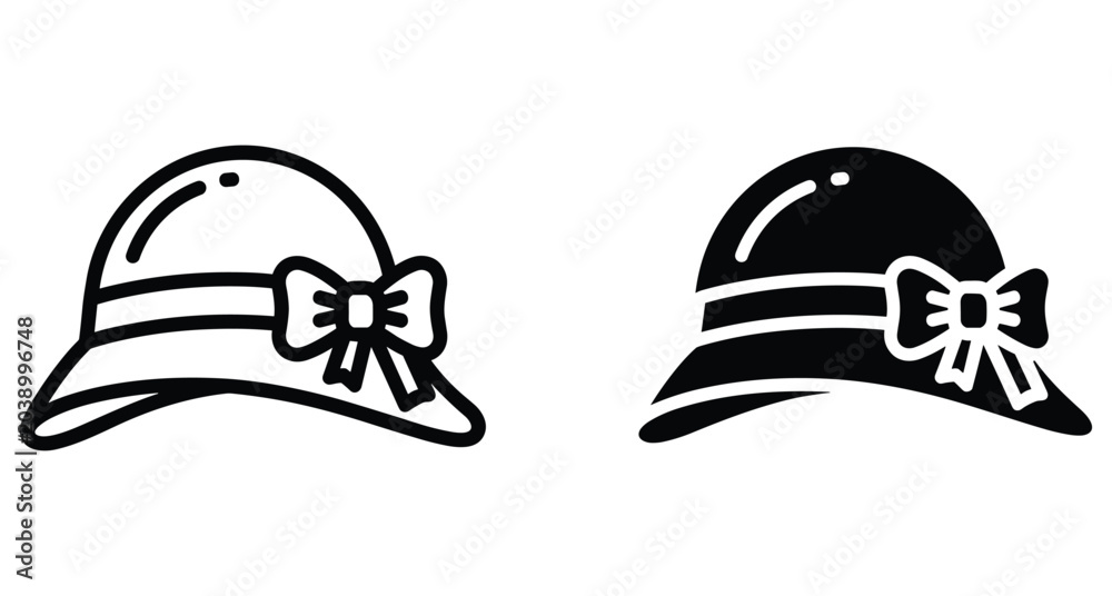 Fototapeta premium Woman sun hat icon set with bow ribbon detail for summer fashion beach vacation travel accessory headwear apparel design