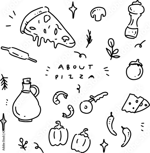 Hand drawn pizza element doodle set isolated on white background, pizza slice, ingredients and baking tools vector illustration