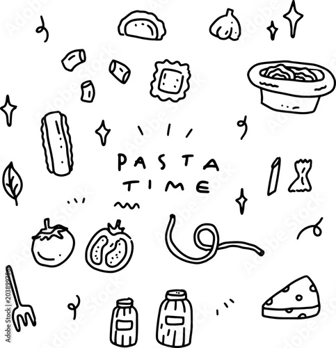 Hand drawn pasta time element doodle set isolated on white background, macaroni, tomato, cheese and Italian food ingredients vector illustration
