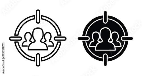 Target audience icon set with human silhouettes inside crosshair symbols for marketing strategy business recruitment and customer focus demographic analysis