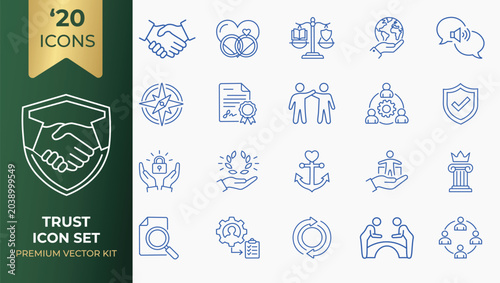 Foto A collection of Trust icons set including responsibility, belief, friend, loyalty, sincerity, first, promise, fath, truth, handshake