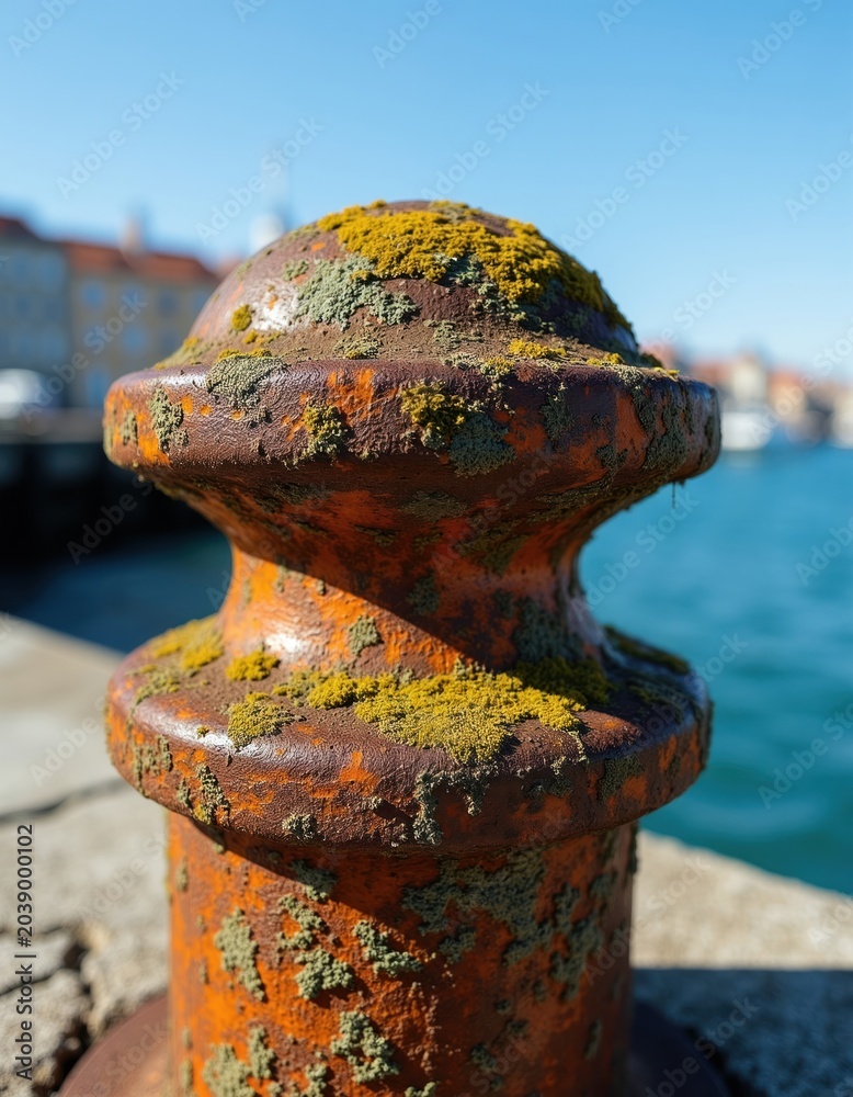 Obraz premium Old rusted bollard with moss sits on concrete pier. Turquoise ocean water and buildings are blurred in background. Sunny day at seaside port.